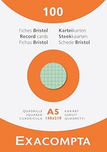 Exacompta - Réf. 13378E - Pack A5 color de 5 Étuis de 100 fiches bristol quadrillées 5x5 non perforées - format 148x210mm - compatibles avec imprimante jet d'encre, laser et photocopieur - assorties