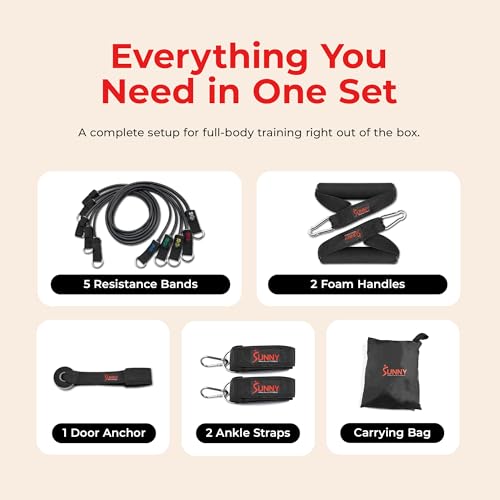 Image of Sunny Health & Fitness Premium Resistance Band Set with Door Anchors, Wrist Straps, Handles Carry Bag Optional Padded Ankle Straps (Pair) for Strength Training, Booty Workout, Lower Body Exercises