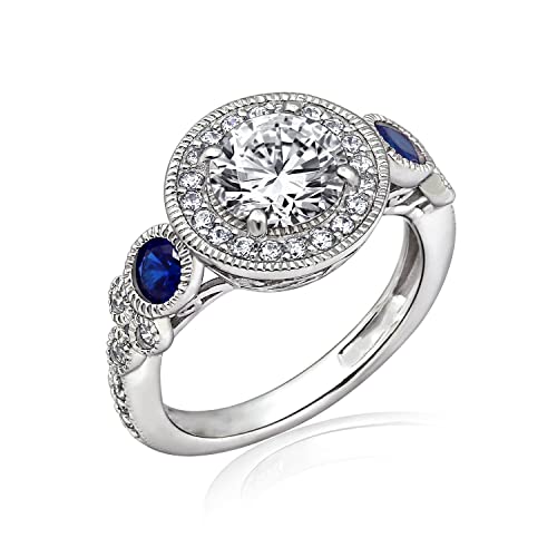 Amazon Essentials Platinum-Plated Sterling Silver Infinite Elements Cubic Zirconia Antique Round-Cut and Created Sapphire Ring size 9, (previously Amazon Collection)