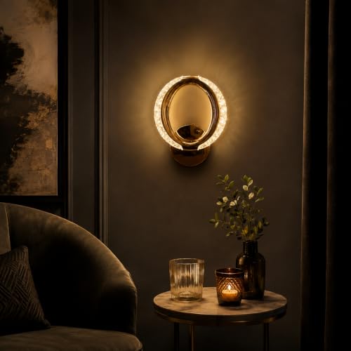 Image of fizzytech Crystal LED Wall Light, Modern Gold Finish Decorative Wall Lamp with 3 Colour Changing Modes for Living Room, Bedroom, Hallway & Home Decor (Round, Pack of 1)