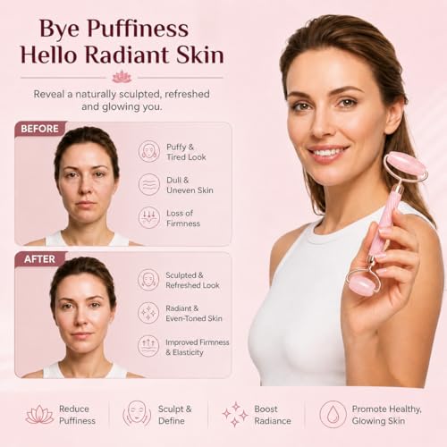 Image of Advance Rose Quartz Gua Sha and Face Roller Set Anti-Breakage for Long-Lasting Use, Jawline Sculpting and Puffiness Reducing, GuaSha Facial Tools for Self Care Pink