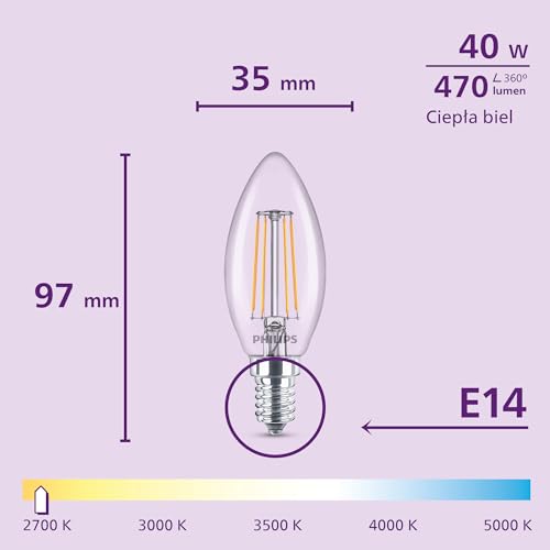 Żarówka LED E27 Philips, 6-Pak, B35, E14, 470 Lumenów, 40 W, Kształt Świecy, Długa Żywotność, Ciepła Biel 2700 K, Lampa LED Przezroczysta