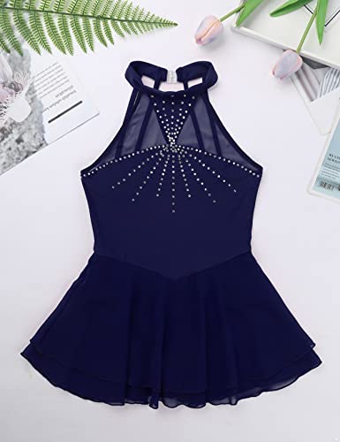 Daenrui Kids Girls Ice Figure Skating Dress Leotard Sparkle Rhinestone Sleeveless Mesh Splice Tutu Skirt Dancewear Navy 10 Years #TOP5