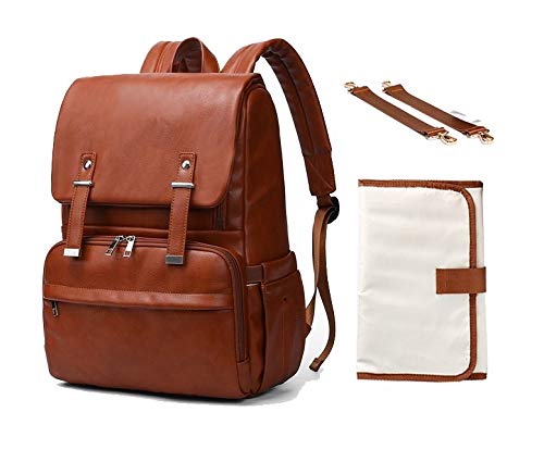 Baby diaper bag backpack. PU Leather diaper bag for baby girls, boys or twins. Ideal maternity baby bag for moms, dads. Good travel bag. Has stroller straps, nappy changing pad. Waterproof