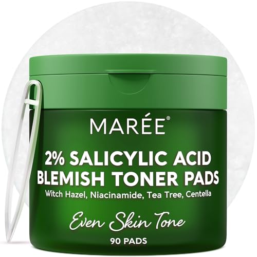 MAREE Glycolic Acid Pads - Toner Pads for Face Cleansing - Exfoliating Pad with Tea Tree Oil, Salicylic Acid & Vitamins E, B3, B5 - Acne Clearing, Skin Pore Resurfacing & Radiance Device - 50 Count