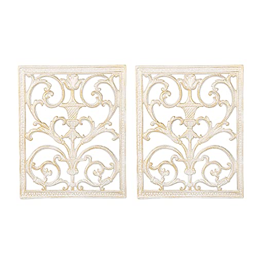 Sungmor 2PC Beautiful Floral Carved Scroll Wall Décor, 12" x 15" Large Metal Wall Hanging Plaques, Elegant Sculpture Wall Decor Panel Vintage Wall Art Living Room Hallway Bedroom Home Decoration