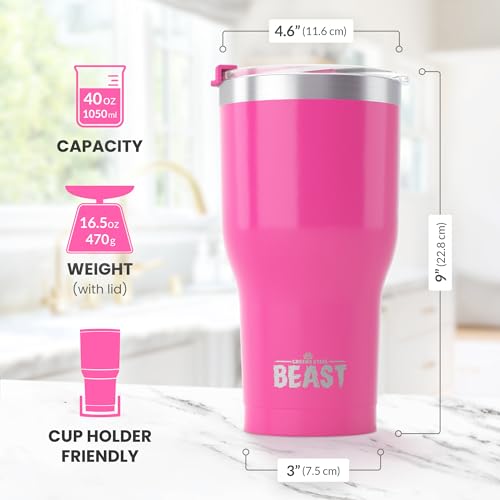 Image of BEAST 40oz Pink Tumbler - Insulated Stainless Steel Coffee Cup with Lid, 2 Straws, Brush & Gift Box by Greens Steel