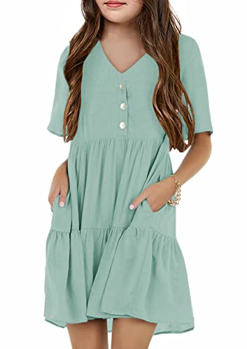 Tymidy Girls Casual Dress Summer Button V Neck Short Sleeve Ruffle Hem Flowy Swing Mini Dresses