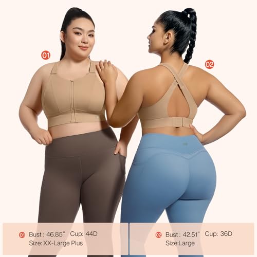 Image of High Impact Sports Bras for Women Adjustable Zip Front Plus Size Workout Bra Full Coverage Removable Padded Running