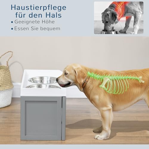 PawHut Erhöhter Hundenapf Futternapf mit Ständer Fressnapf mit Schublade, 2 Edelstahlnäpfen Futterstation für große Hunde, 36 cm Hoch, Grau