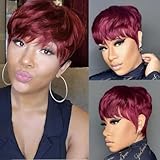 HOTKIS Pixie Cut Wig Human Hair for Black Women Ombre 1B/99J Short Human Hair Wigs Brazilian Virgin Hair Pixie Wigs Burgundy Glueless Short Red Bob Wigs