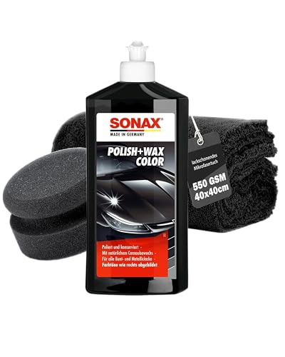 Auto Politur Set | Sonax Polish & Wax Color Schwarz 500ml Autopolitur + Polierschwamm + Poliertuch | Polierpaste für dunkle Metalliclacke zur Entfernung kleiner Kratzer | Polierset