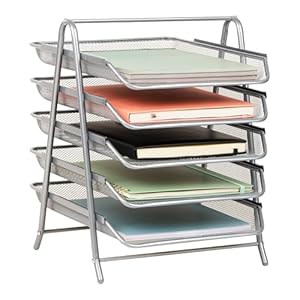Mind Reader 5-Tier Paper Tray Organizer, Vertical Desktop File Storage Rack, Office, Metal Mesh, Silver