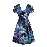 Youngerbaby Dolphin Flower Sundress Women's Summer Short Sleeve Casual T Shirt Dress V Neck A Line Flowy Swing Dresses L