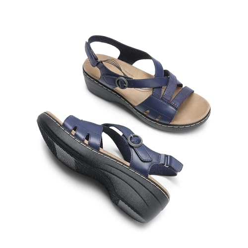 DREAM PAIRS Women's Comfortable Arch Support Wedge Sandals Open Toe Summer Walking Shoe,Size 6,Navy,DWUMWS2510