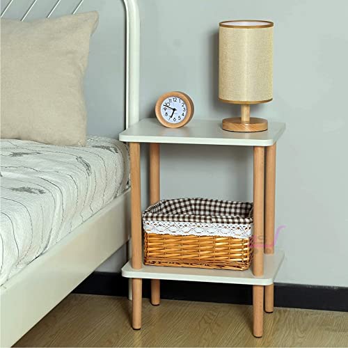 2-Tier Side Table Tall End Table with Storage Rack Wooden Nightstand Bedside Table for Living Room Bedroom Office (White)-image-19