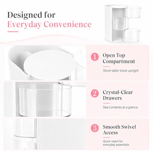 LUXBRILENT Hair Accessories Organizer with Hair Brush Holder, 180° Rotating Acrylic Storage Box with 2 Hooks, Makeup Brush Holder for Hair Clips, Necklaces, Bracelets, Earrings, Rings(White) - Image 4