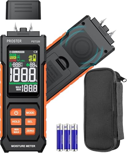 Proster 2-in-1 Pin & Pinless Wall Moisture Meters - Damp Meter for Walls with LCD Display Sound Alarm & Temperature Measurement Wood Moisture Tester for Drywall Masonry Softwood Hardwood