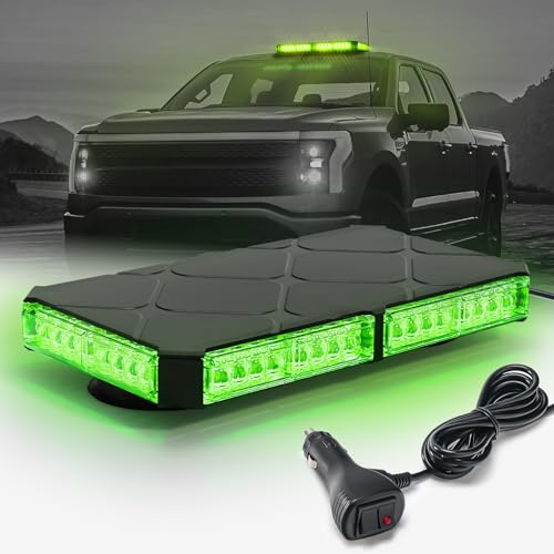 Image of 12 Inch Roof Top Beacon Strobe Lights w /Magnetic Base, Mini LED Warning Traffic Hazard Caution Light Bar for Halloween Work Trucks Vehicles (Green)