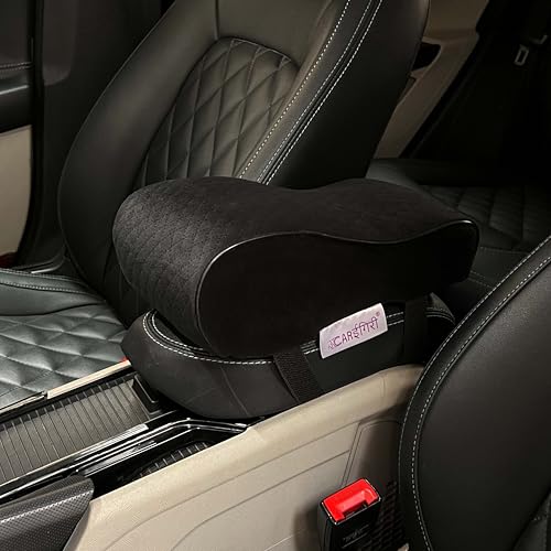 Image of Carigiri ComfiRest Car Armrest Cushion| Memory Foam Arm Cushion| Universal for All Cars| Armrest Support Extender| Height Armrest Pad(Black Seam,Breathable Velvet,Dual Mobile Pocket)