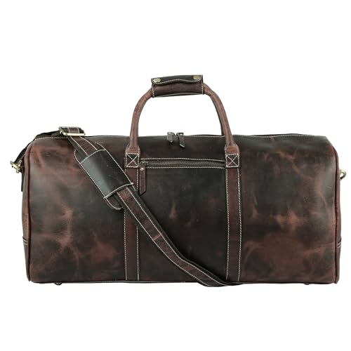 Image of KomalC 24 Inch Leather Duffle Bags for Men and Women Travel Overnight Weekend Bag Sports Gym Duffel for Men (Hunter Distressed Brown)