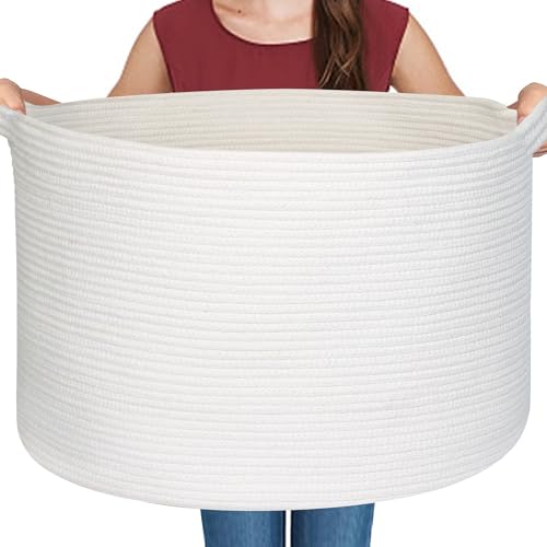 Image of MEGASKET White Cotton Rope Storage Basket, 22" X 22" X 14" Extra Large Blanket Storage Living Room, XL Soft Toy Bin for Organizing, Woven Baby Laundry Basket with Handle, White Wicker Hamper Nursery