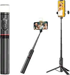 Bastão Pau de Selfie Tripé para Celular com iluminação Bluetooth Controle Remoto Portátil Retrátil para iOS e Android (PRETO)