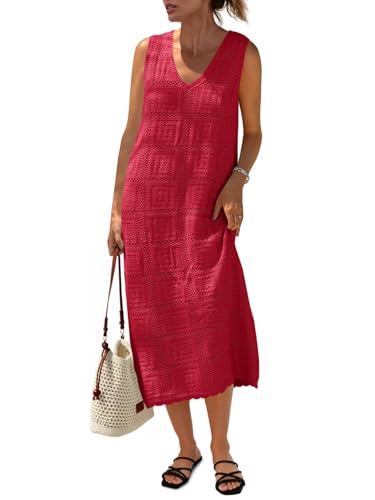 Fisoew Womens Crochet Sleeveless Dress Casual Summer V Neck Boho Knit Cover Up Beach Vacation Midi Tank Dresses