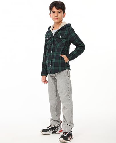 Image of ZENTHACE Boys Sherpa Fleece Lined Flannel Plaid Button Down Shirt Jacket,Hooded Flannel Shirt with Hand Pockets