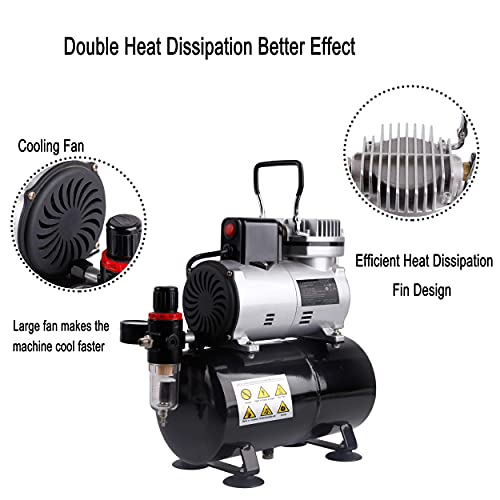 Timbertech Upgraded Airbrush Single-Piston Oil-free Mini Compressor ABPST08 with Cooling Fan, 3L Tank, Regulator, Moisture trap for Hobby, Body Tattoo, Model Painting, Automotive Graphic, Make-up