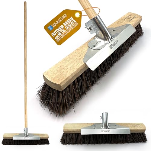 18” Garden Broom Outdoor with Built-In Metal Scraper Yard Brush Heavy Duty Outdoor with 120 cm Wooden Handle Stiff Bassine Hard Bristle Broom Sweeping Brush Long Handled Scrubbing