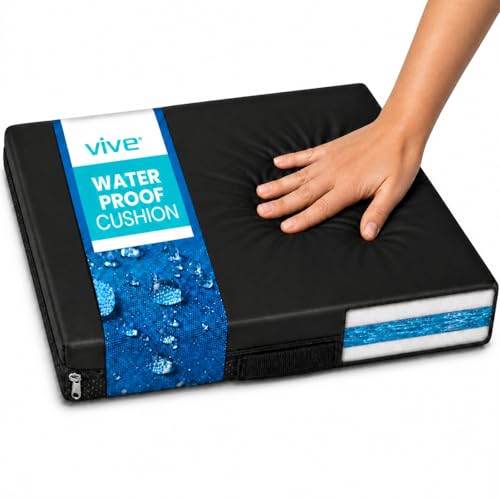 Best Incontinence Chair Pads Washable Reusable That Actually Stay in Place 7 Vive Waterproof Wheelchair Cushion for Pressure Relief (16x16x3) - Washable Cover Incontinence Protection for Elderly Adults & Seniors - Memory Foam Gel Pad for Recliners, Office Chairs, Car, Travel