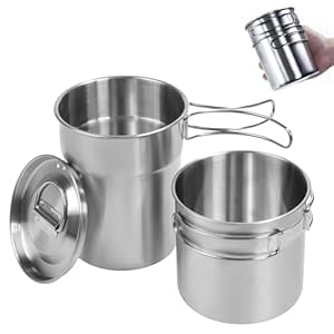 Foldable Camping Cups Mugs Camping Pot Cookware 304-Food-Grade Outdoor Camp Cooking Set with Vented lid,Stainless Steel Backpacking Cookware for Hunting