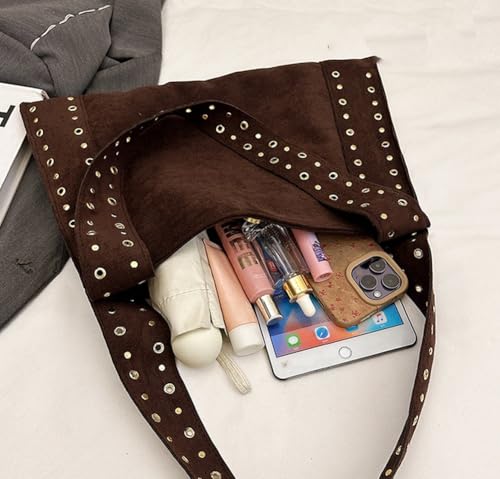 Slouchy Rivet Suede Hobo Bags Women Trendy Underarm Shoulder Bag Cute Crescent Crossbody Purses Travel Tote Handbag 20254