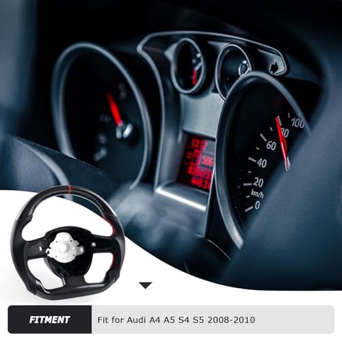 Acclcors Carbonfaser-Lenkrad, D-förmiges Lenkrad mit flachem Boden und roten Nähten, personalisiertes Lederlenkrad, perforierte Ledergriffe, für Audi A4 (nur B7) A5 S4 S5 2008-2010