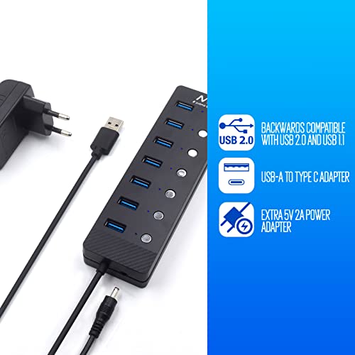 Ewent EW1147 Hub Usb 3.2 Gen1, Ciabatta Multipresa Usb, Sdoppiatore Usb, 7 Porte Con Singoli Interruttori On/Off E Spie Led, Per PS4/PS5, Pc, Laptop, Chiavetta Usb, Stampante, Macbook, Cavo Lungo 1,2M - 3