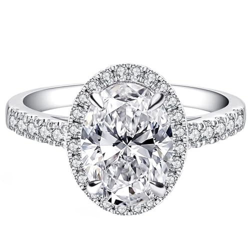 3.0 Carat Oval Moissanite Engagement Ring, S925 Sterling Silver, 18K White Gold Plated, GHI Color VVS Clarity