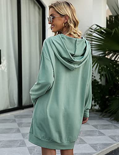 Quenteen Women Fall Hooded Dress Casual Long Sleeve Long Sweatshirt With Drawstring Mint Green Large #TOP3