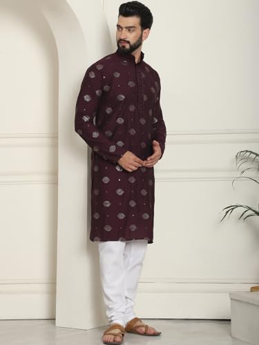 Image of SOJANYA (Since 1958 Men's Cotton Silk Sequinned Embroidered Kurta with White Pyjama