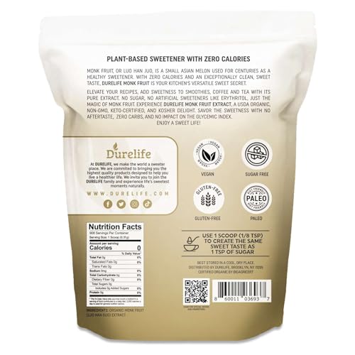 Durelife Organic 100% Pure Monk Fruit sweetener, No Erythritol, Monkfruit Extract Powder, USDA organic NON-GMO Project Verified, Keto Certified OU kosher No Fillers Zero Calorie Sugar Substitute 10 OZ