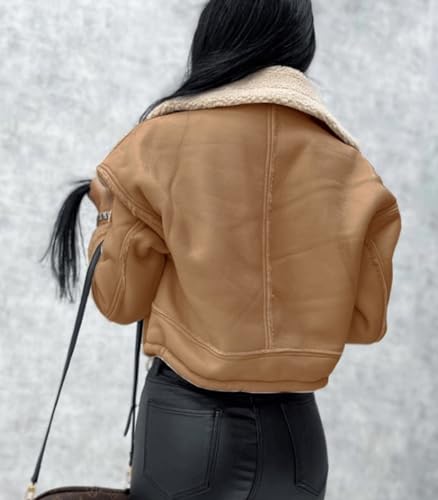 INVACHI Women's Cropped Faux Leather Jacket Fleece Lined Aviator Coat Warm Winter Sherpa Jacket4