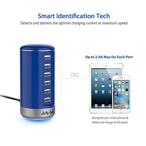 USB Charger Multi Port Wall Charger : Jelly Comb 6 Port USB Desktop Charging Station with Smart Identification for Phones, Tablets, USB Fan, Power Bank and More - Blue