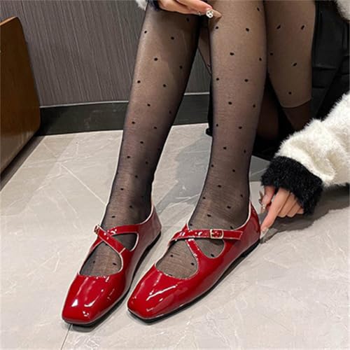 Women's Mary Jane Flats Closed Square Toe Ballet Flat Comfortable Slip on Shoes Y2K Ankle Strap Dressy Shoes for Work Trave2