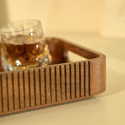 Image of Brick Brown Premium Handcrafted Wooden Duet Nested Serving Trays Set of 2 Tea, Breakfast Tray with Handles - Decorative Coffee Table Organizer Platter for Home, Kitchen, Dining, Restaurant & Office