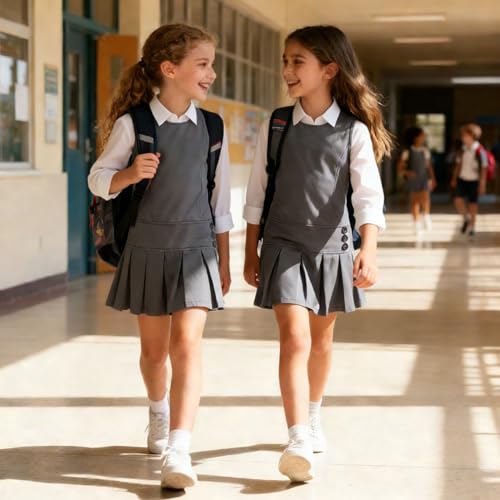 Bienzoe Girls School Uniform Jumper: Stretch Fit Pleated Hem Kids Sleeveless Dress Grey 8 - Thumbnail 2