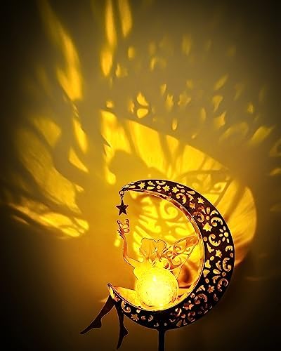 Vuees Solar Garden Statues Outdoor Decor, Fairy Moon Figurine Light Stake, Housewarming Ornament for Patio, Lawn, Yard, Pathway - Unique Gift Ideas for Gardening Mom Grandma