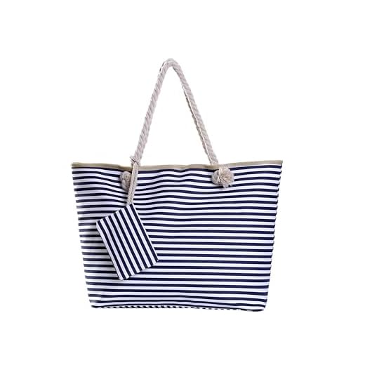 Bolso de Playa Grande con Cremallera Bolso de Hombro a Rayas Azul Oscuro y Blanco