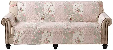 Brilliant Sunshine Traditional Rose and Sage Patchwork Couch Cover, Quilted Large Sofa Slipcover, 70" Seat Width, Slip Resistant Furniture Protector, 2" Strap, Washable Couch Cover for Dogs, Rose Sage