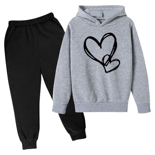 Generisch 2025 - Set con cappuccio per ragazze adolescenti, tuta da allenamento, 2 pezzi, con cappuccio, pantaloni da jogging, abbigliamento arcobaleno, grigio., 13-14 Anni
