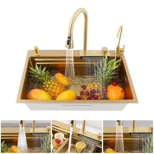TFGXUE 75 x 46 cm Évier de cuisine, doré, moderne, avec 2 robinets (1 filtre à eau), panier...